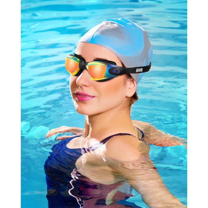 Окуляри для плавання Aegend, 2 шт. и Окуляри для плавання, без протікання, дорослі, чоловіки, жінки, підлітки 06 (сині дзеркальні лінзи та помаранчеві дзеркальні лінзи)