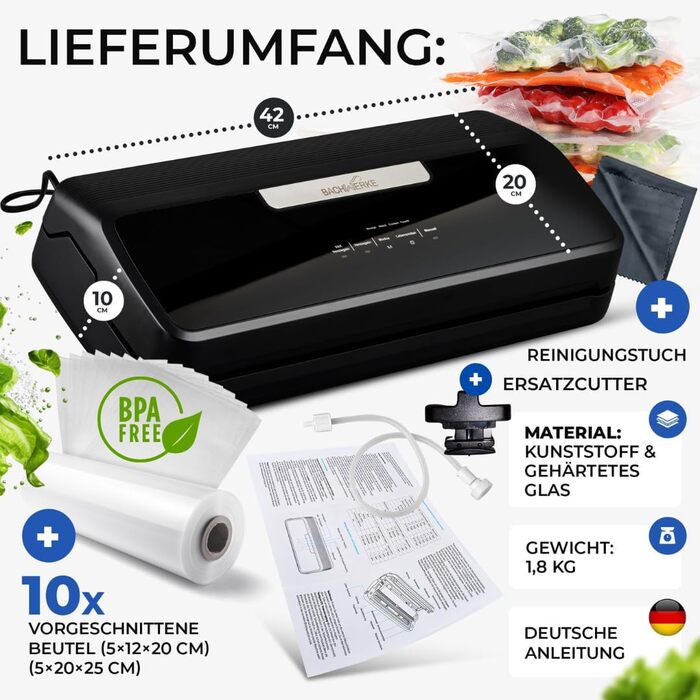Вакууматор для продуктів BACHWERKE: вакуумний пакувальник з шириною шва 32 см, набором пакетів та рулоном плівки, чорний