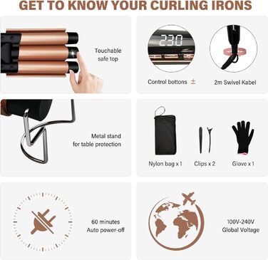 Набір для завивки волосся 5 в 1 Janelove - керамічний локонстаб 10-32 мм з різними насадками, регульована температура, рукавички та нейлонова сумка (Рожеве золото)