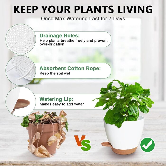 5 кашпо з пластику з системою поливу, 17.8/16.5/15.2/13.9/12.7 см. Самополивні горщики з підставкою, круглі, для квітів, сукулентів, кактусів, для дому, балкону, саду. Білий, коричневий колір
