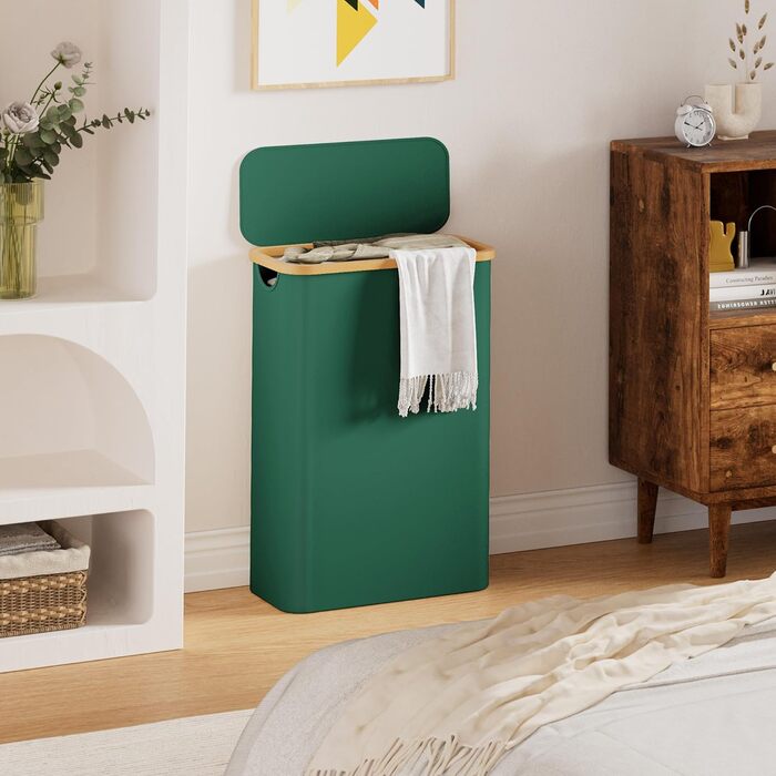 Кошик для білизни Youdenova з кришкою, 48л, вузький, з мішком, сортувальник, бамбук, білий