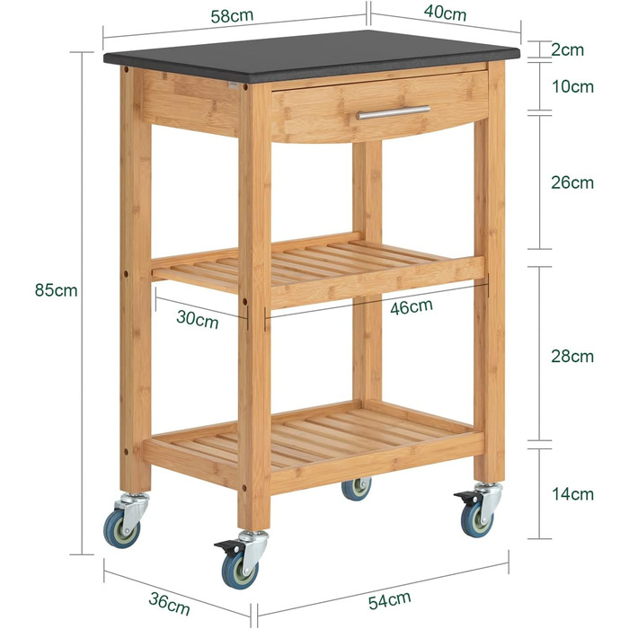 Кухонний візок SoBuy FKW28-SCH бамбук, гранітна стільниця, ящик, 2 полиці, BHT 58x85x40см, чорний