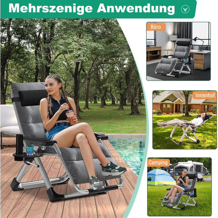 Складаний лежак з підголівником, 200 кг, сірий – для дому, балкону, пляжу, басейну