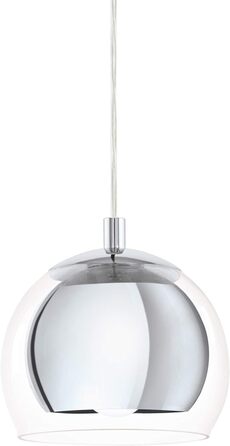 Підвісний світильник EGLO Rocamar, підвісний світильник на 1 полум'я, підвісний світильник з металу в хромі та зі скла в прозорому, лампа для обіднього столу, світильник для вітальні, що висить з цоколем E27, підвісна лампа 1-полум'я