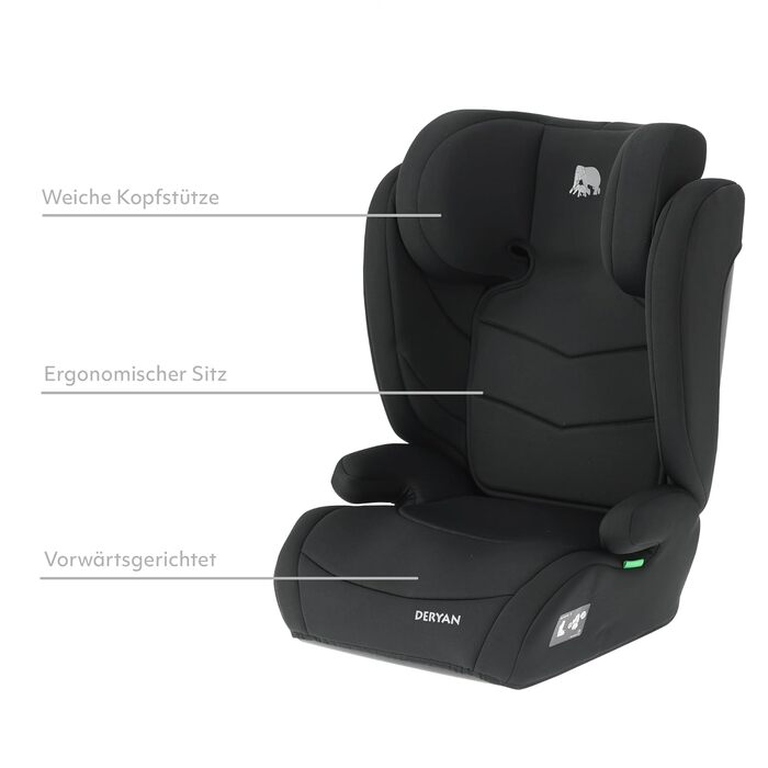 Автокрісло Deryan Charlie i-Size 100-150 см, 9-36 кг, 3.5-12 років, Чорне - з ременями безпеки, регульований підголівник, бічний захист