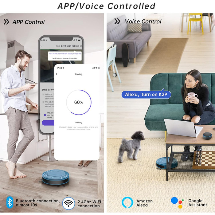 Робот-пилосос OKP 2100Pa з Wi-Fi, суперантивний, керування через додаток та голосовим управлінням Alexa. Тиха робота, ідеально для шерсті тварин, підходить для підлоги та килима. Самостійна зарядка, 100 хвилин роботи.