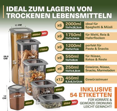 Набір контейнерів для зберігання продуктів 18 шт. – включає 2,0L контейнер для спагеті, 6 банок для спецій з дозувальними кришками, стекові контейнери з кришками, герметичні, без BPA, 52 етикетки (набір 12 шт.) + 6 дозатори спецій (набір 42 шт., сірий)