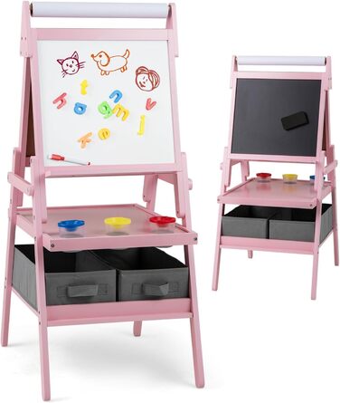 Дитяча мольберт DREAMADE 3 в 1: магнітна дошка, крейдяна дошка, рулон паперу, фарби та аксесуари. Для дітей від 3 років (білий/рожевий)