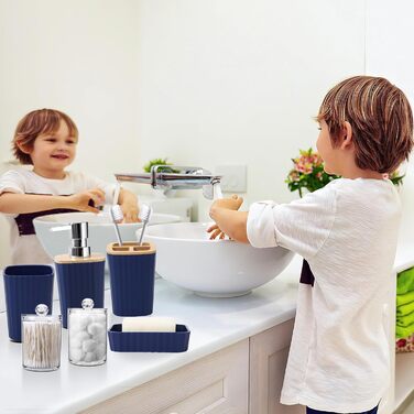 Комплекти аксесуарів для ванної кімнати, 9 предметів: сміттєвий бак, лоток для косметики, дозатор мила, мильниця, стакан для зубної щітки, щітка для унітазу та тримач для ватних паличок (Глиняний, Морська блакить, Комплект для ванної + штора + рушники)