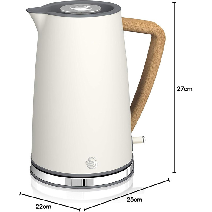 Ультрашвидкий електричний чайник Swan Nordic, бездротовий, сучасний дизайн, 1,7 л, 2200 Вт, ручка під дерево, автоматичне вимкнення, білий білий одинарний