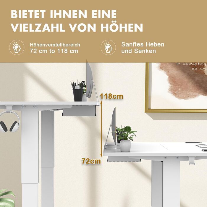Регульований стіл 140x80 см з USB-C зарядкою, органайзером для кабелів та функцією пам'яті, білий