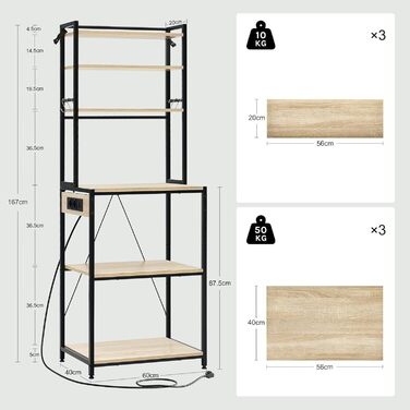 Кухонна полиця WOLTU з 6 ярусами, з розетками, для мікрохвильової печі, з металевим каркасом, регульовані полиці, Чорний+Рустикальне коричневий, 60 x 167 x 40 см (Чорний+світлий дуб, 60 x 39,5 x 167 см)