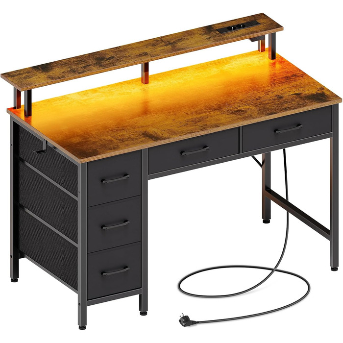 Комп'ютерний стіл Seventable з розетками та LED-підсвіткою, 100 см, геймінговий стіл з 5 висувними ящиками та підставкою для монітора, для офісу, кабінету, спальні, вітальні (Вінтажний коричневий)