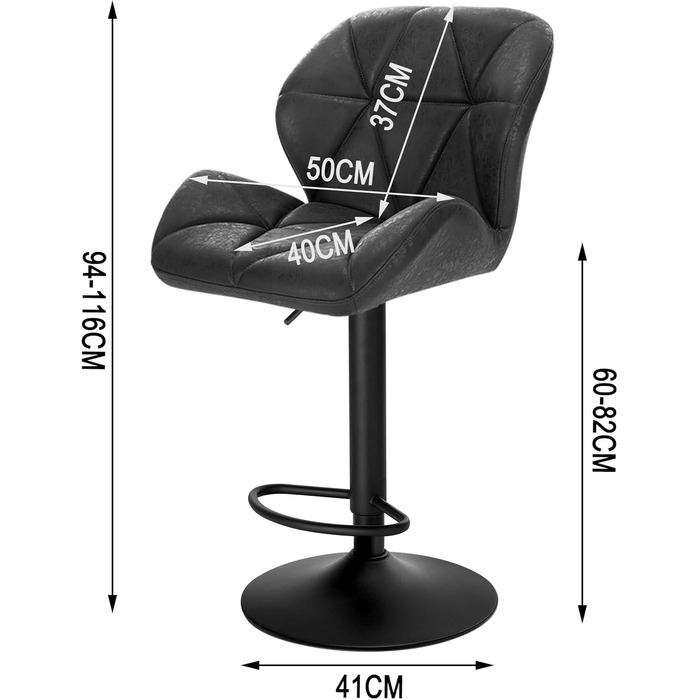 Набір барних стільців WOLTU BH139dgr-2 дизайнерський стільчик, регульований по висоті, поворотний, сталь, чорна штучна шкіра