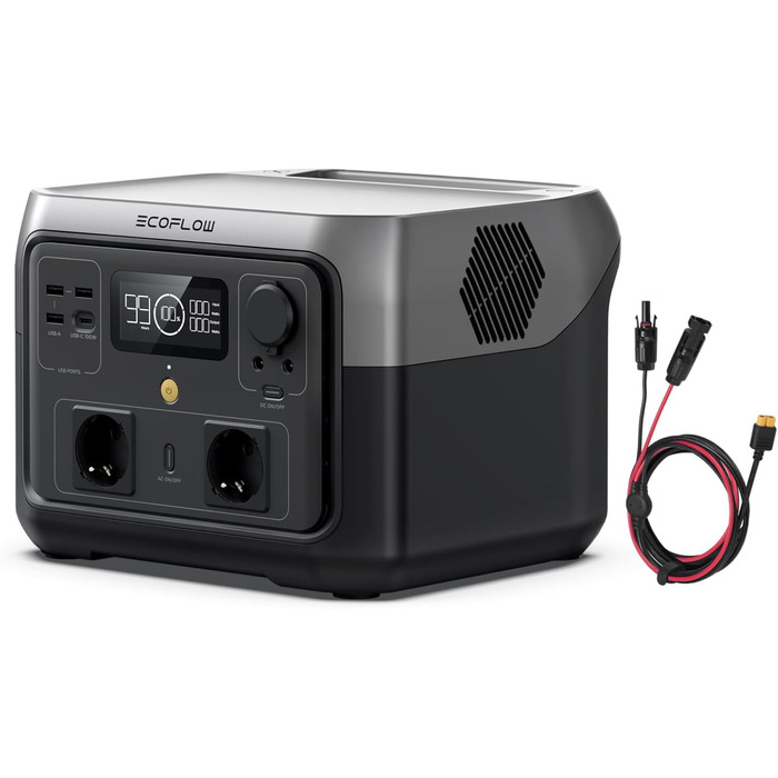 Портативна електростанція EcoFlow RIVER 2 MAX з кабелем XT60 3.5м, 512Wh, сонячний генератор LiFePO4, швидка зарядка, 1000W, для кемпінгу, резервного живлення, автодому