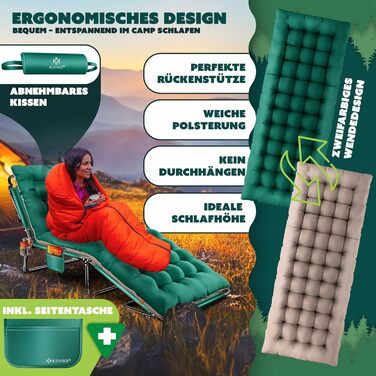 Розкладне кемпінгове ліжко KESSER з преміум-матрацом 190x68x30 см, польове ліжко до 250 кг з подушкою, кишенею та підстаканником, для відпочинку на природі та дому, колір Зелений/Тауп