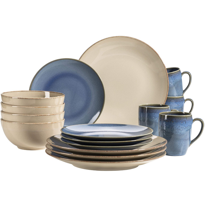 Набір посуду MÄSER 931736 на 4 особи, 16 предметів, стиль медітерранео, вінтаж, кераміка, пісочний колір (пісочно-сірий / світло-блакитний)