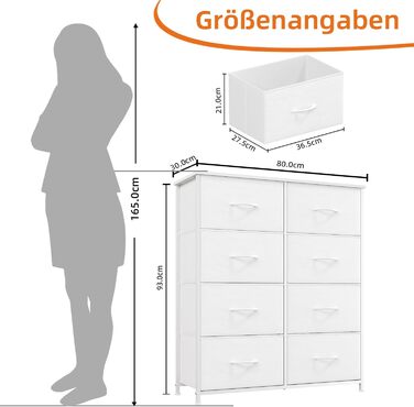 Комод з тканини з 8 шухляд, білий, 30x80x93 см