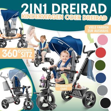 Триколісний велосипед KIDIZ 6-в-1 для дітей від 9 місяців до 25 кг: з ручкою, кошиком, сонцезахисним козирком, прогулянковий, синій