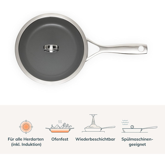 Сковорода Olav з мідним сердечником з 5-шарового матеріалу, придатна для використання в індукційній і посудомийній машинах, розроблена німецькою мовою.