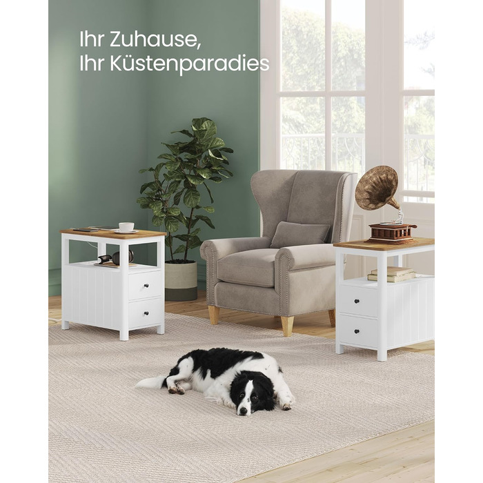 Приставний столик VASAGLE з розетками, 2 шухляди, для невеликих кімнат, стиль марина, горіхово-білий (LET327W14)