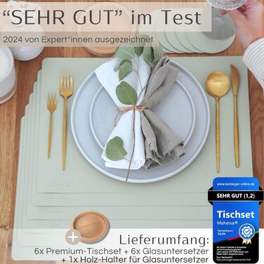 Набір з 6 преміум-підкладок для столу Mahewa® з екошкіри - підкладки для тарілок, миються та водонепроникні, в стилі шкіри (Salbeigrün, кутові з тримачем)