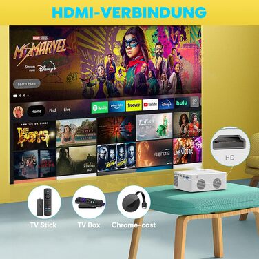 Mini проєктор Bluetooth Full HD 1080P: портативний проєктор для iOS, Android, Windows з пульт, 50% зум