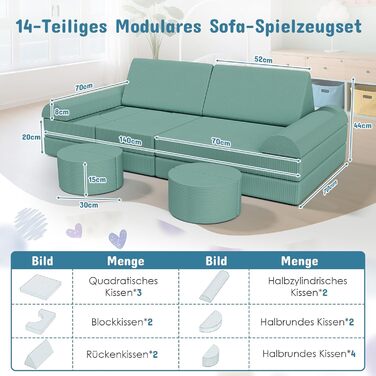 Дитяче ігрове диван-конструктор MAMIZO Cord, 15 частин, екологічний, зелений колір