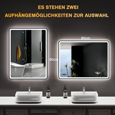 LED дзеркало для ванної кімнати 80x60 см з підсвічуванням, диммер, протитуманне покриття, 3 кольори світла, IP44, функція пам'яті, горизонтальний/вертикальний монтаж