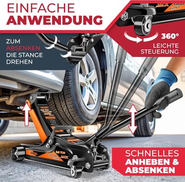 Гідравлічний домкрат MASKO 3T з низьким профілем 85-460мм, 3 гумові накладки, для автомобілів SUV, 360° колеса, рукавички в комплекті, підставка для ремонту (до 2.5 тонн, помаранчевий)