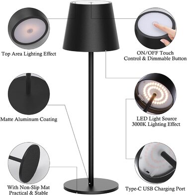 LED настільна лампа Klighten з регулюванням яскравості, акумуляторна, чорна, для дому та вулиці, USB-C, тепле світло 3000K, алюміній, IP54, вологостійка