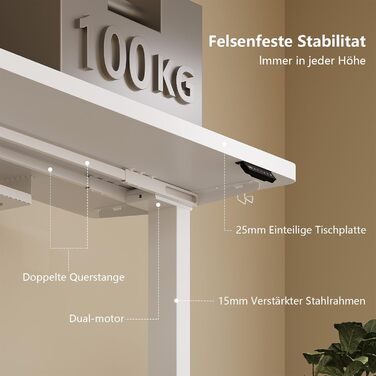 Регульований стіл, 160x80 см, електричний стоячий стіл з подвійним мотором, сенсорна панель, USB-A, кабель-менеджмент, стільниця 25 мм, ергономічний офісний стіл, білий