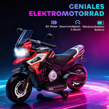 Електромобіль для дітей віком 18-36 місяців: каталка з бічними колесами, світло, музика, виготовлений з пластику та сталі. Колір – червоний.