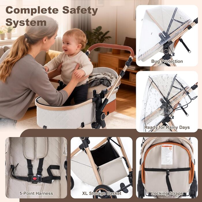 Дитячий візочок Zkipm 3 в 1, комплект з люлькою, автокріслом, функція складання, регульована спинка, великий капюшон, до 15 кг, 0-3 роки (8-V8-ISOFIX-Блакитний)