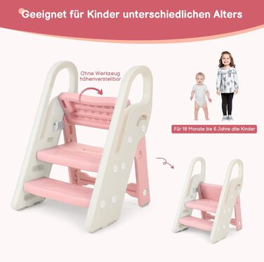 Дитячий табурет-сходинка Onasti: регульована висота, 2-3 сходинки, складна конструкція, багатофункціональний, для ванної, дитячої кімнати, кухні (зелений, рожевий)