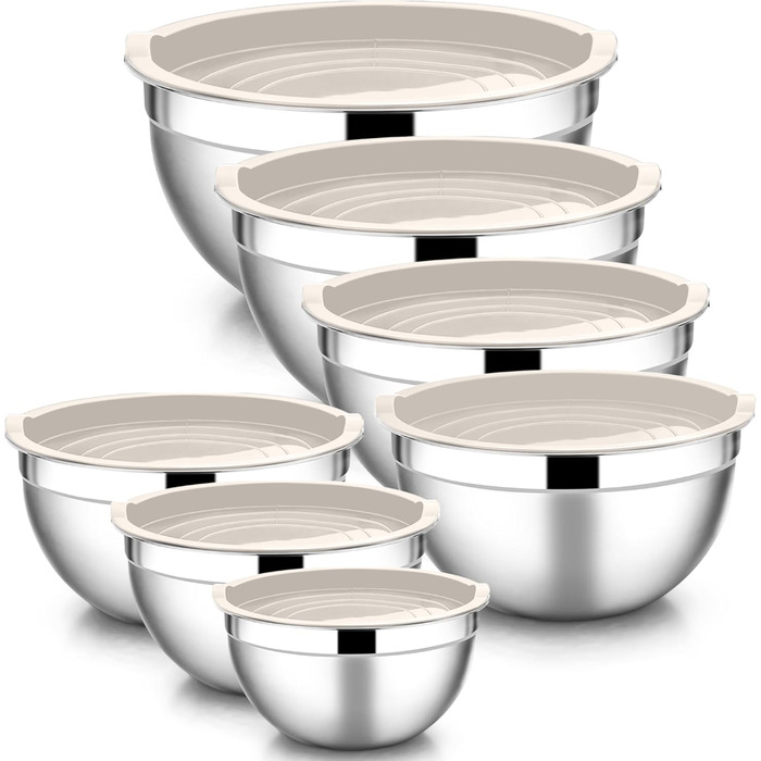 Набір мисок HaWare 7 шт. з нержавіючої сталі з кришками, 6.5/4.5/3/2.5/1.5/1.2/0.7L, для приготування, випікання, салатів, миття в посудомийній машині, Khaki/Нержавіюча сталь