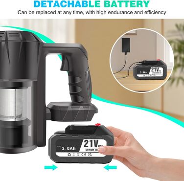 Акумуляторний пилосос 10-15Kpa з 2 режимами, 2 x 3000mAh акумулятори, 140W, LED-щітка, 2-в-1, довга насадка, ручний пилосос з 2 акумуляторами