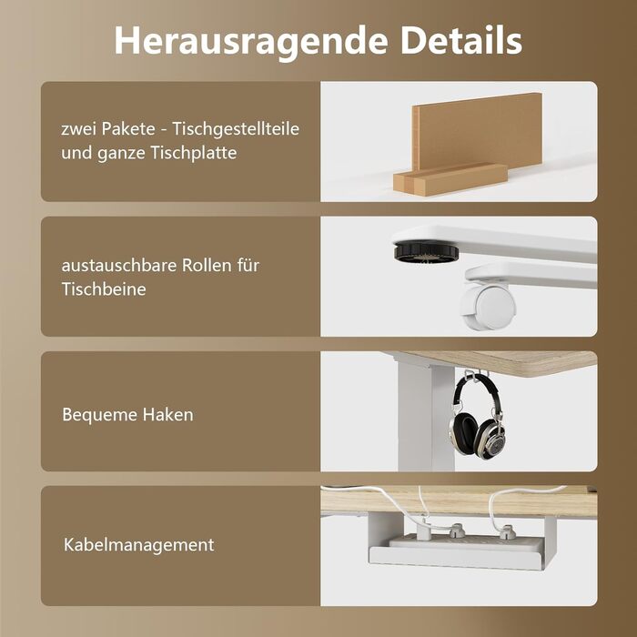 Регульований стіл, 160x80 см, електричний стоячий стіл з подвійним мотором, сенсорна панель, USB-A, кабелеуправління, стільниця 25 мм, ергономічний офісний стіл, білий