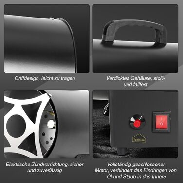 Газовий нагрівач для приміщень Ikodm (15 кВт), 220V, 320 м³/год, з газовим шлангом 1,2м та редуктором тиску 700 мбар