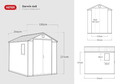 Садовий будинок Keter Darwin 2,8 м², сірий (6x8) - пластиковий, з вентиляцією та одними дверима, 25x184x205 см
