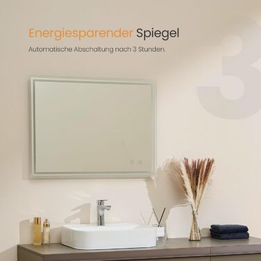 Дзеркало для ванної кімнати EMKE з підсвічуванням 50x60 см, антизапарник, холодний білий, диммер, сенсорне управління, функція пам'яті, автоматичне вимкнення через 3 години, IP44, енергозберігаюче, 60L x 50B см