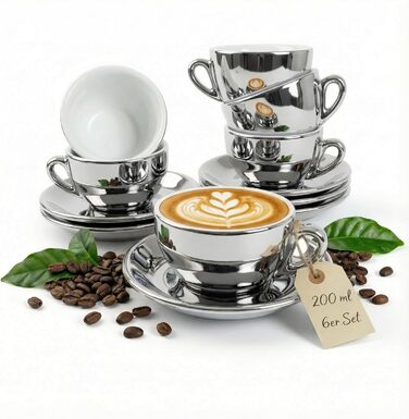 Набір кавових чашок Капучіно 6 шт. з підставками, білий, італійський стиль, 200 мл