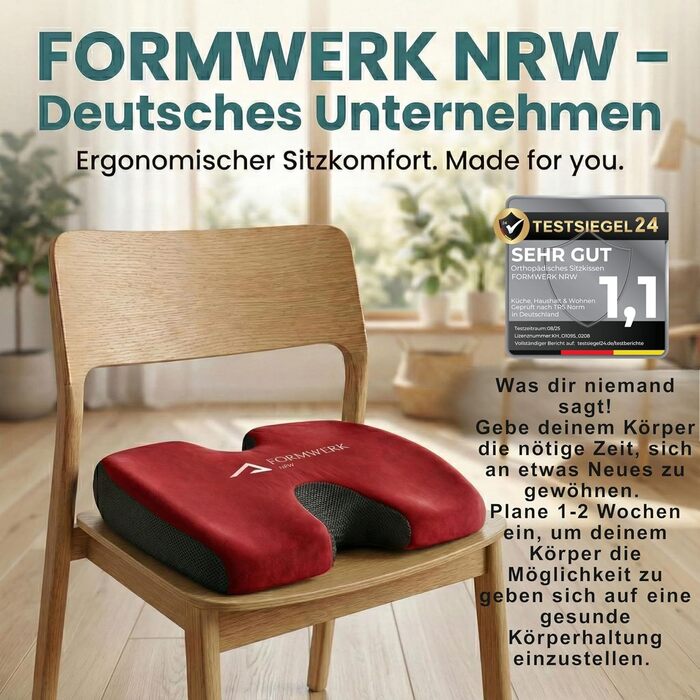 Ортопедична подушка для сидіння - преміум ергономічна подушка для офісу та авто з 3D Memory Foam - OEKO-TEX-100 (60-100 кг) (Червона)