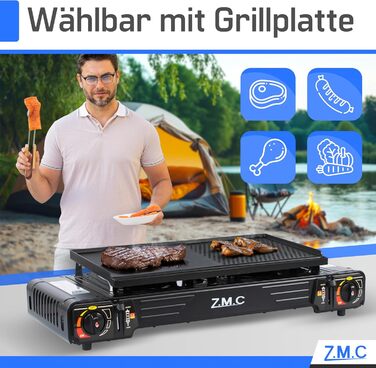 Преміум туристичний газовий набір ZMC: 2-конфортний газовий нагрівач 2,5 кВт з Piezo-запалюванням та валіза для транспортування | Для кемпінгу, балкону та дому | Включає гриль-плиту 45×24 см та газові картриджі 227г