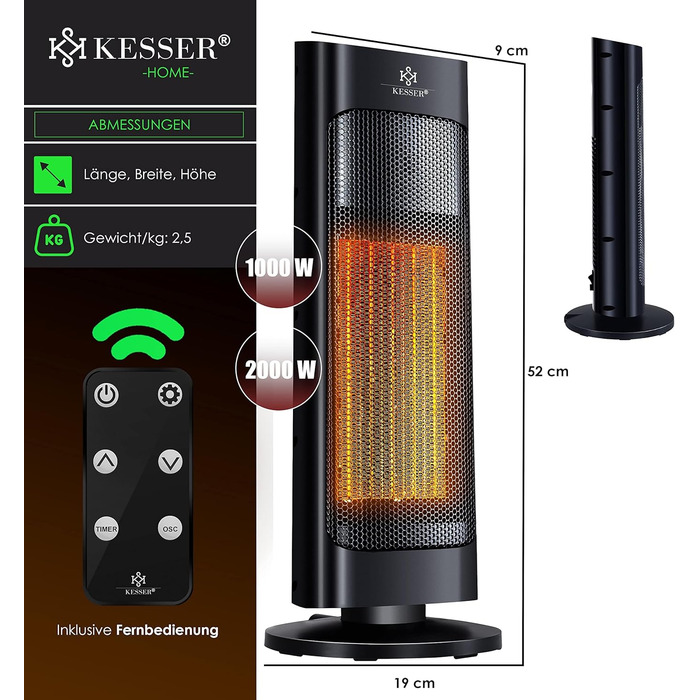 Обігрівач KESSER® 2000W з пульт дистанційного керування, керамічний, тихий, з осциляцією, таймером, 15-30°C, чорний
