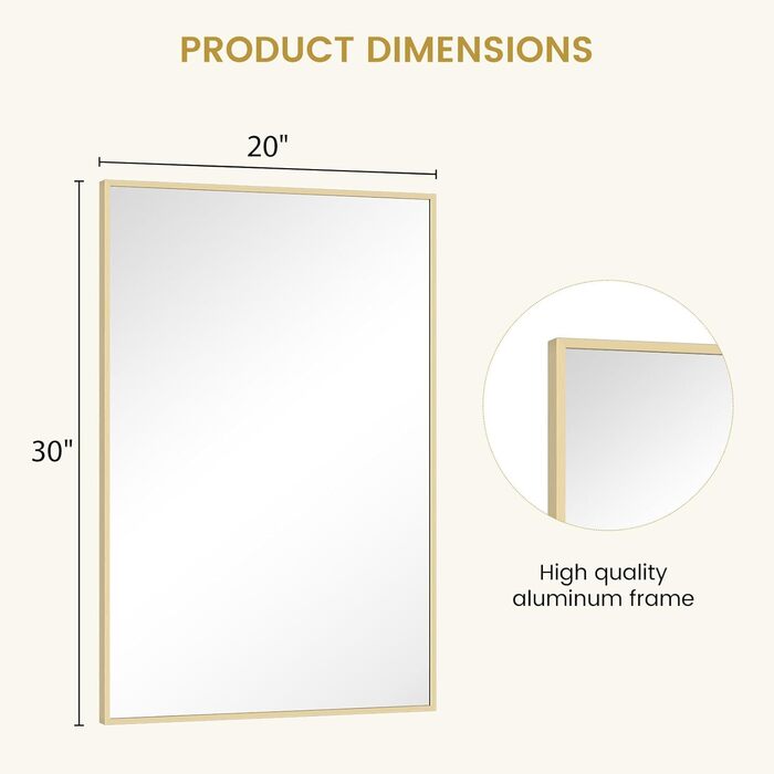 Дзеркало для ванної кімнати Homecookin Goldspiegel, 50.8 x 76.2 см, прямокутне, з металевим каркасом, для встановлення над умивальником, горизонтально або вертикально
