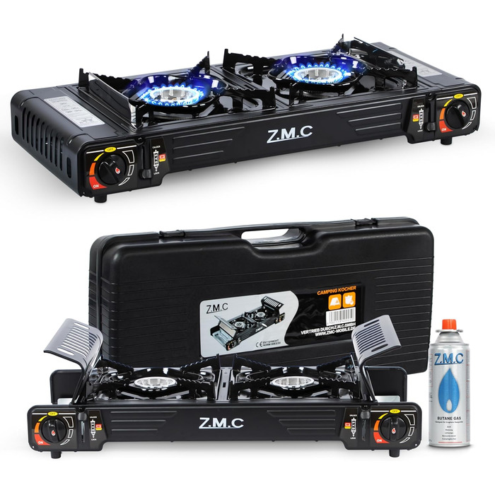 Преміум газовий набір для кемпінгу ZMC з 2 конфорками, 2,5 кВт, Piezo-запалювання, валіза для транспортування. Ідеально для відпочинку на природі, балкону та дому. Включає гриль-плиту 45×24 см та 227г газові картриджі.