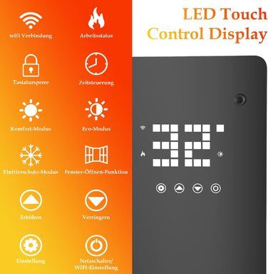 Скляний конвекторний обігрівач Daromigo 2000W з термостатом та WiFi, IP24, настінний, енергозберігаючий, чорний