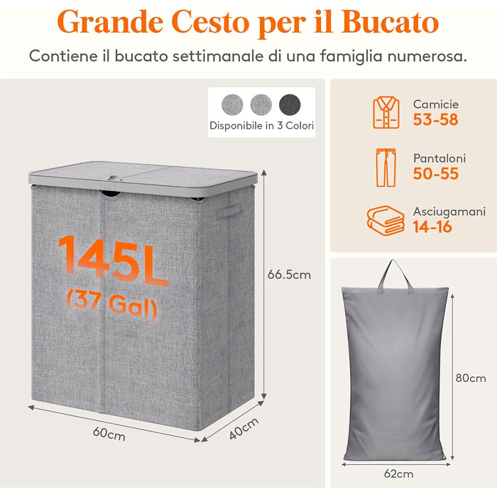 Кошик для білизни з кришкою Lifewit, великий, 145L, сірий, для спальні та ванної кімнати