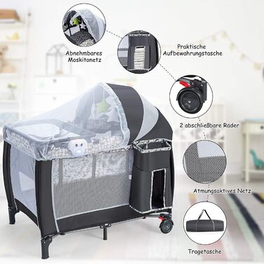 Детское путешествие 102x72 см: складная кроватка-манеж для новорожденных и детей 0-36 месяцев с матрасом, колесиками, москитной сеткой и пеленальным столиком, 3 в 1 (Model 2-gray)